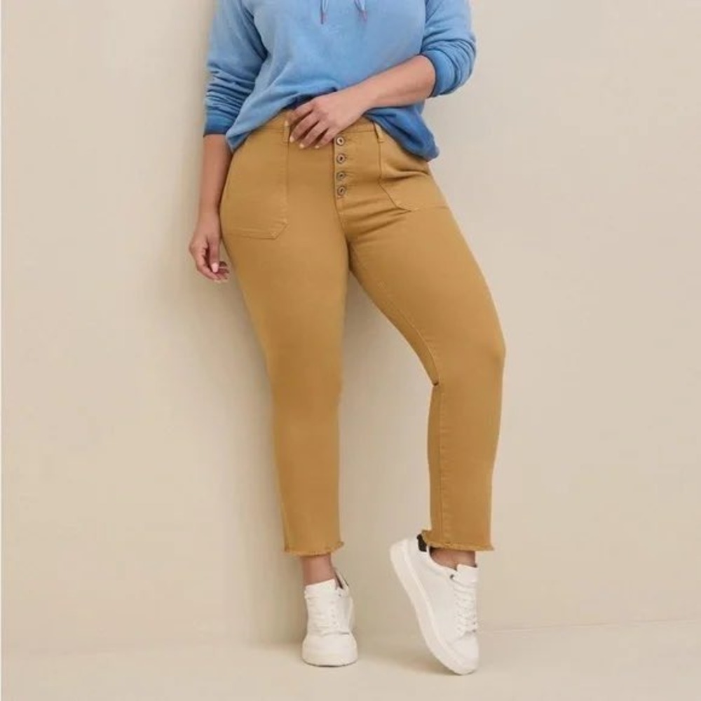 Torrid Sky High Skinny Pants Women 14R Tan‎ Excellent Button Fly Frayed Hem